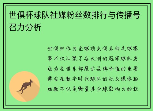 世俱杯球队社媒粉丝数排行与传播号召力分析